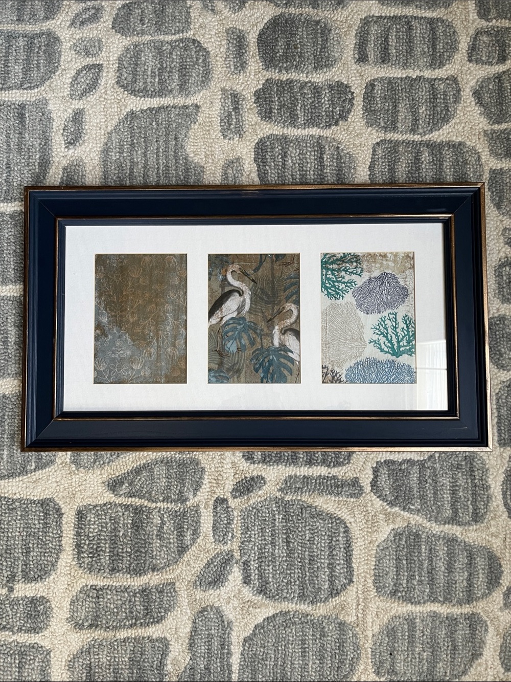 Framed Coastal Triptych Wall Art - Navy Frame, Teal & Beige Prints